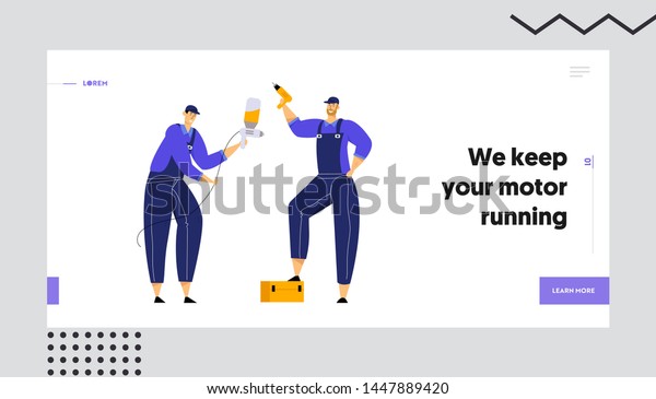 Mechanics Holding Drill and Spray Gun, Repair\
Service Staff with Instruments in Hand, Auto Checking and\
Maintenance, Car Fixing Website Landing Page, Web Page. Cartoon\
Flat Vector Illustration,\
Banner