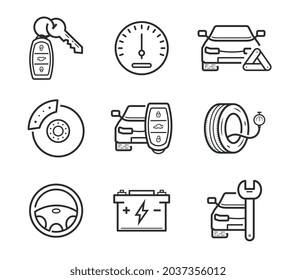 Mechanics icons for cars, steering wheel, key and others