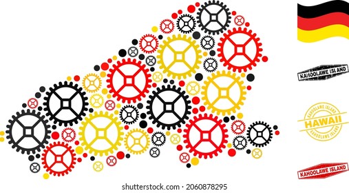 Mechanics Kahoolawe Island map composition and seals. Vector collage is composed with clock gear icons in various sizes, and German flag official colors - red, yellow, black.