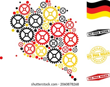 Mechanics Ko Pha Ngan map composition and stamps. Vector collage is designed from repair service icons in variable sizes, and Germany flag official colors - red, yellow, black.