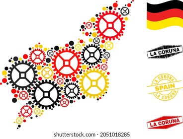 Mechanics La Coruna Province map mosaic and seals. Vector collage is created of repair service icons in variable sizes, and German flag official colors - red, yellow, black.