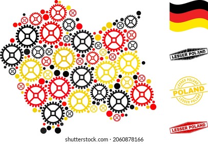 Mechanics Lesser Poland Voivodeship map collage and stamps. Vector collage is formed of repair service icons in various sizes, and Germany flag official colors - red, yellow, black.