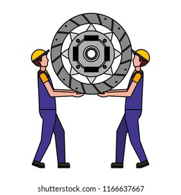 mechanics lifting clutch plate engine part