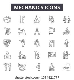 Mechanics line icon signs.  Linear vector outline illustration set concept.