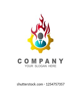 
mechanic's logo with fire, human logo ,gear symbol + fire and people