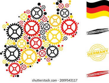 Mechanics North Rhine-Westphalia Land map collage and seals. Vector collage designed from clock gear icons in different sizes, and Germany flag official colors - red, yellow, black.