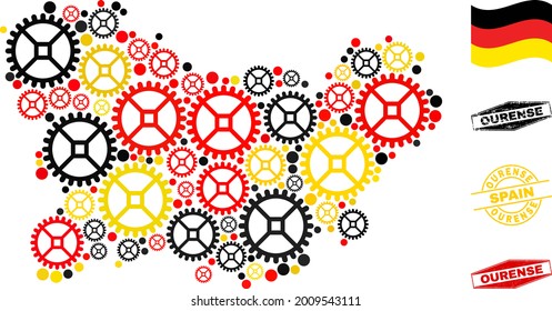 Mechanics Ourense Province map collage and stamps. Vector collage is designed of workshop items in variable sizes, and German flag official colors - red, yellow, black.