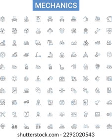 Mechanics outline icons collection. Mechanics, Repair, Motor, Automotive, Engineering, Torque, Friction vector illustration set. Restitution, Dynamics, Force line signs