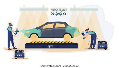 Mechanik Lackieren eines Autos des Kunden in der Werkstatt.  Ändern Sie die Farbe des Wagens. Reparatur von Kraftfahrzeugen. Flache Vektorgrafik.