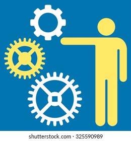 Mechanics Presentation vector icon. Style is bicolor flat symbol, yellow and white colors, rounded angles, blue background.