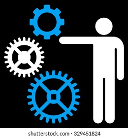 Mechanics Presentation vector icon. Style is bicolor flat symbol, blue and white colors, rounded angles, black background.