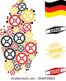 Mechanics Qatar map collage and stamps. Vector collage is formed of mechanics items in various sizes, and German flag official colors - red, yellow, black.