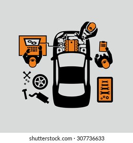 Mechanics Repair Car Engine Vector