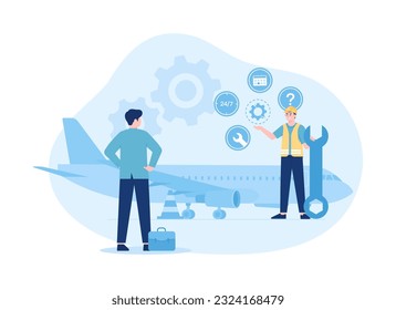 Mechanics repairing airplane before flight trending flat illustration