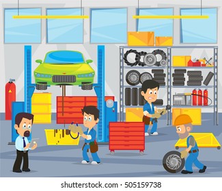 mechanics repairing car in garage. interior garage. vector illustration.