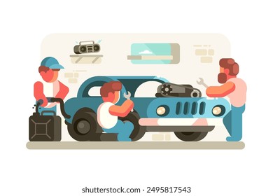 Mechanics Repairing Car Together. Vector illustration showing team of mechanics working on car in garage.