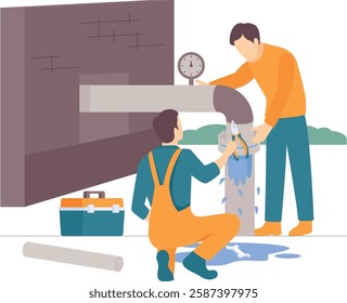 Mechanics Replacing Main Water Distribution Joint concept, Drinking water supply sanitation Wells Pipe Repair vector design, plumbing worker banner, Handyman Service scene HVAC technician illustration