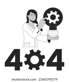 Mechanics science black white error 404 flash message. Busy woman turns cogwheel. Monochrome empty state ui design. Page not found popup cartoon image. Vector flat outline illustration concept