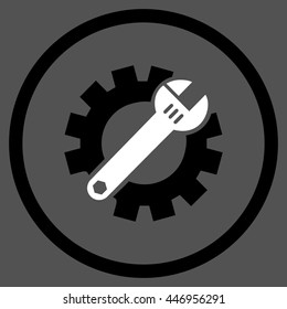 Mechanics Service Tools vector bicolor icon. Image style is a flat icon symbol inside a circle, black and white colors, gray background.