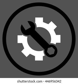 Mechanics Service Tools vector bicolor icon. Image style is a flat icon symbol inside a circle, black and white colors, gray background.