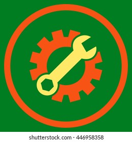 Mechanics Service Tools vector bicolor icon. Image style is a flat icon symbol inside a circle, orange and yellow colors, green background.