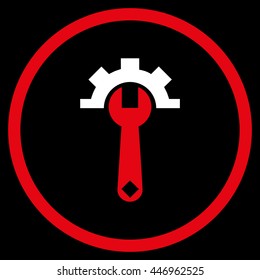 Mechanics Service Tools vector bicolor icon. Image style is a flat icon symbol inside a circle, red and white colors, black background.