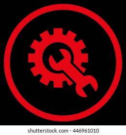 Mechanics Service Tools vector icon. Image style is a flat icon symbol inside a circle, red color, black background.