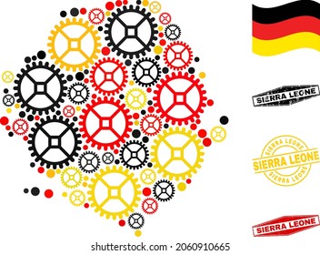 Mechanics Sierra Leone map mosaic and seals. Vector collage is designed of mechanics icons in different sizes, and German flag official colors - red, yellow, black.