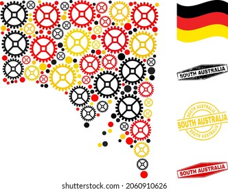 Mechanics South Australia map mosaic and seals. Vector collage is formed from repair service elements in various sizes, and German flag official colors - red, yellow, black.