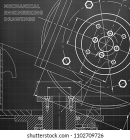 Mechanics. Technical design. Engineering. Black background. Grid