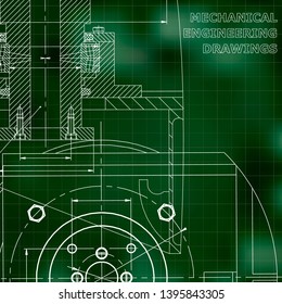 Mechanics. Technical design. Engineering style. Cover, flyer, banner. Corporate Identity. Green background. Grid