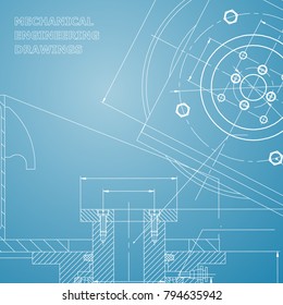 Mechanics. Technical design. Engineering style. Mechanical instrument making. Cover, flyer. Blue and white