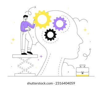 Mechanics in tiny person line concept. Man replaces gears in abstract head silhouette. Psychology and mental health, mindfulness and consciousness. Linear flat vector illustration