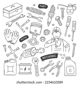 Mechanics tools and equipments doodle hand drawn vector illustration