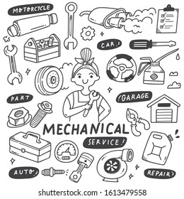 Mechanics Tools and Equipments Set In Doodle Style