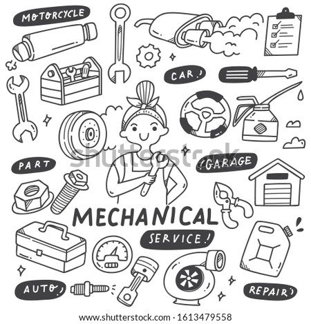 Mechanics Tools and Equipments Set In Doodle Style