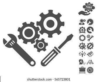 Mechanics Tools icon with bonus configuration symbols. Vector illustration style is flat iconic gray symbols on white background.