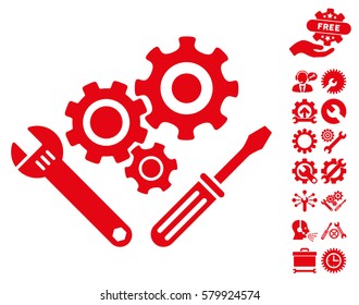 Mechanics Tools icon with bonus options pictograms. Vector illustration style is flat iconic red symbols on white background.