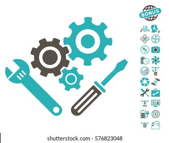 Mechanics Tools pictograph with bonus copter tools clip art. Vector illustration style is flat iconic grey and cyan symbols on white background.