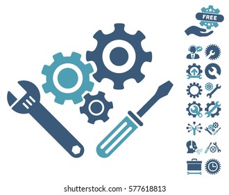 Mechanics Tools pictograph with bonus setup tools graphic icons. Vector illustration style is flat iconic cyan and blue symbols on white background.