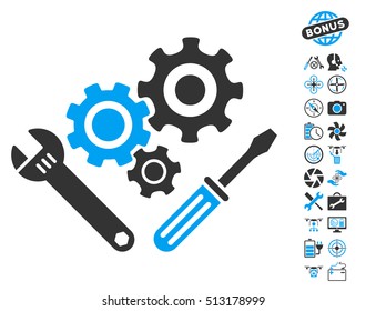 Mechanics Tools pictograph with bonus uav tools icon set. Vector illustration style is flat iconic blue and gray symbols on white background.