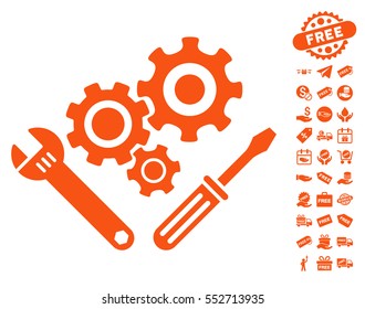 Mechanics Tools pictograph with free bonus design elements. Vector illustration style is flat iconic symbols, orange color, white background.