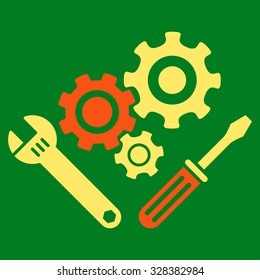 Mechanics Tools vector icon. Style is bicolor flat symbol, orange and yellow colors, rounded angles, green background.