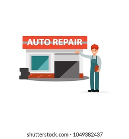Mechanics in uniform standing next auto service center doing a welcome gesture vector Illustration on a white background