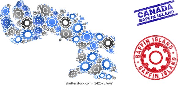 Mechanics vector Baffin Island map composition and seals. Abstract Baffin Island map is composed from gradiented randomized cogs. Engineering territorial scheme in gray and blue colors,