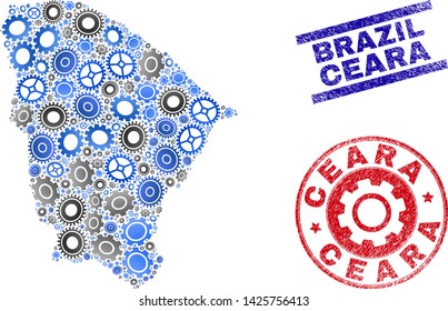 Mechanics vector Ceara state map mosaic and seals. Abstract Ceara state map is composed of gradiented scattered gearwheels. Engineering territory plan in gray and blue colors,