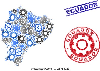 Mechanics vector Ecuador map mosaic and seals. Abstract Ecuador map is designed from gradient randomized gears. Engineering territory scheme in gray and blue colors,