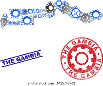 Mechanics vector the Gambia map composition and stamps. Abstract the Gambia map is created from gradiented scattered gearwheels. Engineering geographic plan in gray and blue colors,