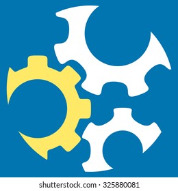 Mechanics vector icon. Style is bicolor flat symbol, yellow and white colors, rounded angles, blue background.