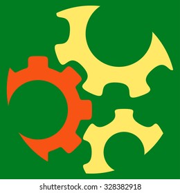 Mechanics vector icon. Style is bicolor flat symbol, orange and yellow colors, rounded angles, green background.